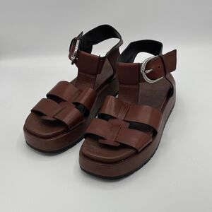 Zara Brown Leather Platform Sandals with Buckle - Size 40 EU